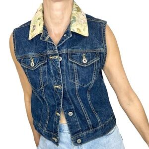 Vintage Liz Claiborne dark denim floral collar fitted cropped jean vest S